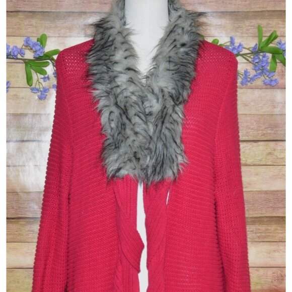Jamie Gries Hot Pink Chunky Duster Cardigan Sweater Plus Size 1X Faux Fur Collar - Picture 4 of 12
